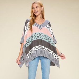 Boutique Multi Stripe Leopard Oversized Poncho Top